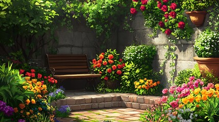 Serene Garden Bench Amidst Colorful Blossoms