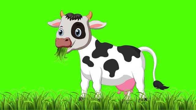 Cow eating grass and rigging 2d animation video with green screen background