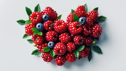 Fresh red berries in a heart shape on white background with empty space for text