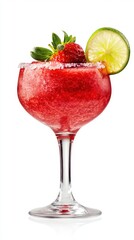 strawberry daiquiri cocktail in a classic margarita glass. Garnished with a fresh strawberry and a lime wedge on the rim.