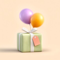 Pastel Green Gift Box with Purple and Orange Balloons