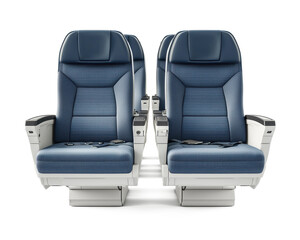 3D rendering of commercial airplane economy class seats, designed in a realistic style with armrests, isolated on a pure white background for clean cut-out use in airline marketing