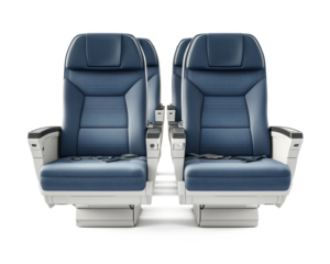 3D rendering of commercial airplane economy class seats, designed in a realistic style with armrests, isolated on a pure white background for clean cut-out use in airline marketing