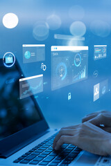 Fototapeta na wymiar woman analyst uses a computer AI artificial intelligence and dashboard for data business analysis and Data Management System with KPI and metrics connected to the database for technology finance,