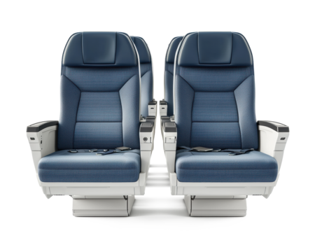 3D rendering of commercial airplane economy class seats, designed in a realistic style with armrests, isolated on a pure white background for clean cut-out use in airline marketing