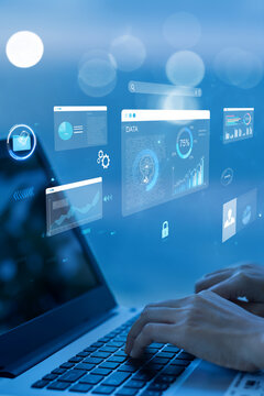 woman analyst uses a computer AI artificial intelligence and dashboard for data business analysis and Data Management System with KPI and metrics connected to the database for technology finance,