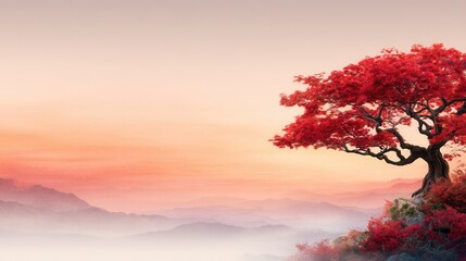 Majestic red tree atop misty mountain at sunrise