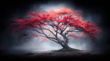 Majestic red autumn tree in a misty forest