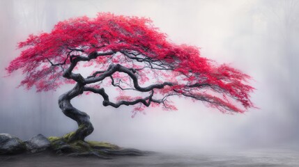 Majestic red maple tree in a misty landscape