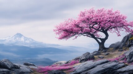 Majestic pink blossoms crown a rocky mountain vista, snow-capped peaks in the distance
