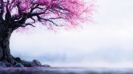 Majestic ancient tree with vibrant pink blossoms in a misty landscape