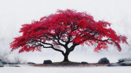 Majestic red tree in serene landscape