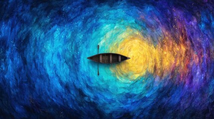 A lone boat on a vibrant cosmic sea