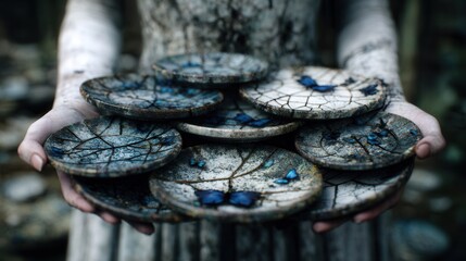 Hands holding a stack of intricately carved plates, adorned with blue butterflies, nestled amidst a natural setting