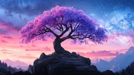 Majestic blossom tree atop a mountain peak during a vibrant sunset