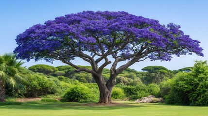 Majestic purple tree in a lush green landscape