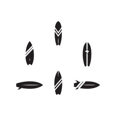 vector collection of stylized black surfboards isolated on a white background for summer design illustrations