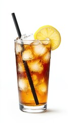 A tall glass of Long Island Iced Tea cocktail served with ice cubes, lemon wedge garnish, and a black straw. 