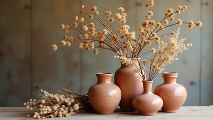Dried flowers in terracotta pots rustic home decor