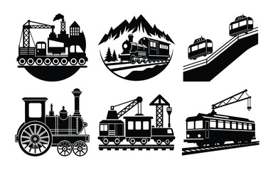 Vintage Train Transportation Icons Steam Locomotives, Cable Cars, and More