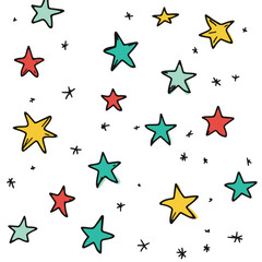 Star seamless pattern. Vector seamless pattern of different kind of colorful stars on white background. Hand drawn doodle style. Children's space collection.