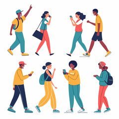 Walking People with Smartphones: Diverse group of young adults walking and using smartphones, illustrating modern communication and urban lifestyle.