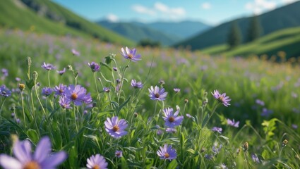 Obraz premium A Close-Up of Delicate Wildflowers in a Lush Meadow, Framed by Hills and Distant Mountains, with Empty Copy Space for Text