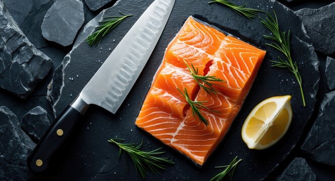 Fresh raw salmon fillet with chef knife on dark stone background, with empty space for text.