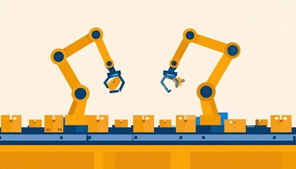Robots on assembly line with boxes, illustration