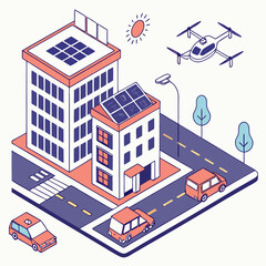 Sustainable City of Tomorrow: An isometric illustration showcasing a futuristic city powered by renewable energy sources. with solar panels on rooftops, autonomous vehicles.