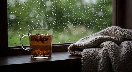 Cozy Rainy Day Warm Tea and Knitted Blanket by Window