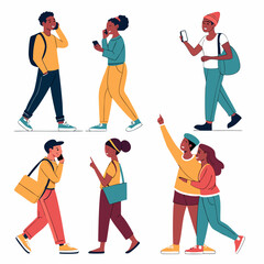 Diverse People Walking and Using Smartphones: A vibrant collection of diverse young adults, stylishly dressed, navigating city streets while using smartphones.