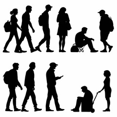 Silhouette People: An assortment of silhouette people, standing, walking, sitting, and pushing luggage.
