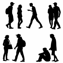 Silhouette Encounters: A dynamic collage showcasing a variety of human figures in silhouette, depicting diverse interactions, movements and individual activities.