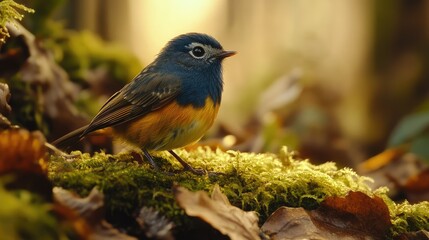 Fototapeta premium Colorful bird perched on moss in autumn forest
