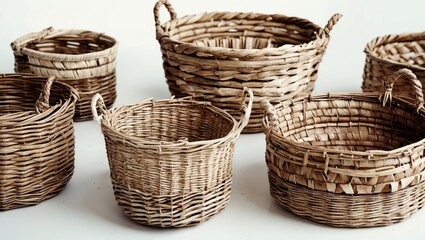 Multiple straw baskets, macro, isolated on white background with empty copy space for text.