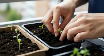 Nurturing Growth Hands Planting Balcony Seedlings