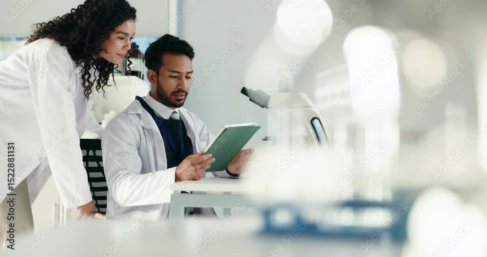 Poster talking, tablet and research with people in laboratory for science, medical trial and microbiology. 