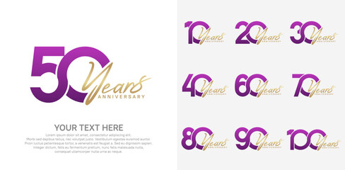 Anniversary logo set vector design, purple and gold color for celebration event