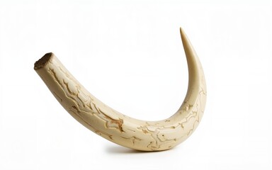 Intricately carved ivory tusk with history and character resting against a plain background isolated on transparent background. High quality