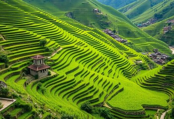 Lush green terraced rice paddies cascade down a Himalayan hillside, traditional Nepalese stone and straw houses nestled amongst them,  traditional architecture,  hills © chanwut