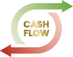 Vector illustration of cash flow concept with green and red arrows representing incoming and outgoing money, and golden text highlighting financial circulation in a business context.