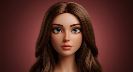 Fototapeta premium Cartoon Woman with Long Brown Hair and Blue Eyes