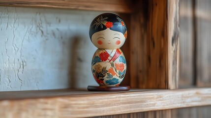 Wooden Kokeshi Doll Japanese Floral Design