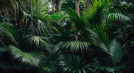Asian Tropical Jungle with palm leaves and dark green palm foliage.