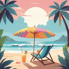 Tropical Beach Illustration with Sunset Sky and Palm Trees in Flat Vector Style