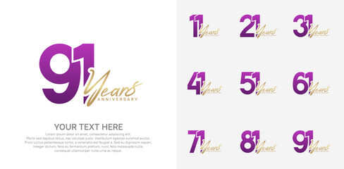 Anniversary logo set vector design, purple and gold color for celebration event
