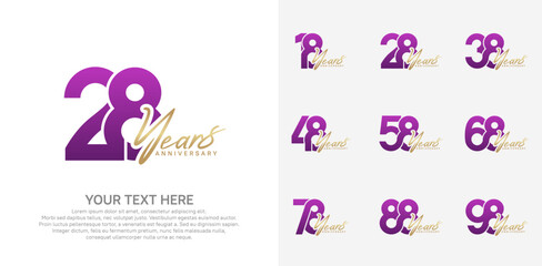 Anniversary logo set vector design, purple and gold color for celebration event