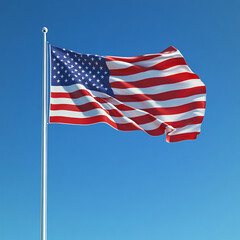 Obraz premium American Flag Waving Proudly Against a Clear Blue Sky on Metal Pole, Stars and Stripes