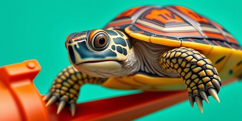Cool turtle in shades zooms on orange rocket, teal backdrop, flight, happy